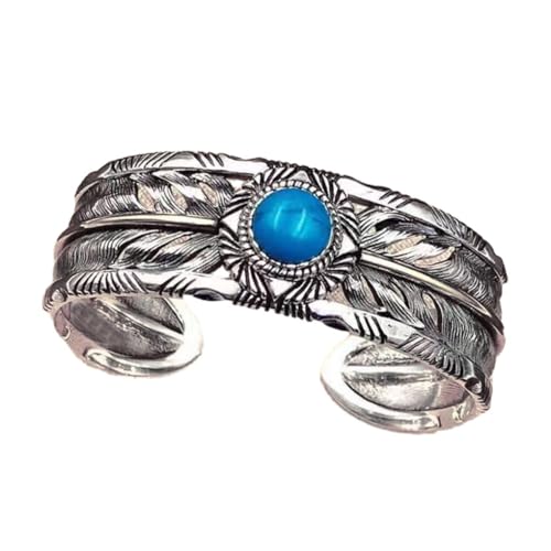 mophrati Offener Herren Armreif mit Federn und breitem indischen ethnischen Armband, Retro Stil, langlebige Kupferlegierung, neues Retro Türkis Armband mophrati Offener Herren Armreif mit Federn und breitem indischen ethnischen Armband, Retro Stil, langlebige Kupferlegierung, neues Retro Türkis Armband von mophrati