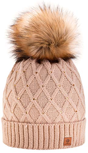 morefaz Wurm Winter Strickmütze Mütze Damen Kristalle Kiesel mit Große Bomme Pompon l SKI (Beige) (MFAZ Ltd) von MFAZ Morefaz Ltd