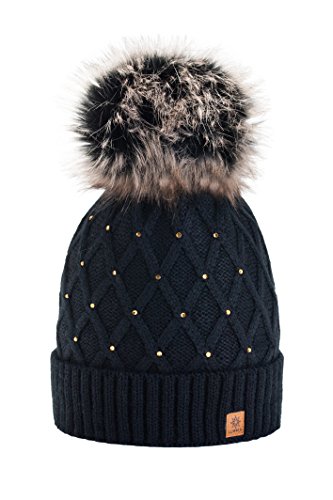 morefaz Wurm Winter Strickmütze Mütze Damen Kristalle Kiesel mit Große Bomme Pompon l SKI (Black) (MFAZ Ltd) von morefaz