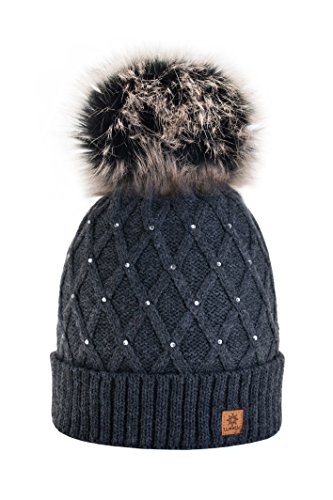 morefaz Wurm Winter Strickmütze Mütze Damen Kristalle Kiesel mit Große Bomme Pompon l SKI (Dark Gray) (MFAZ Ltd) von MFAZ Morefaz Ltd