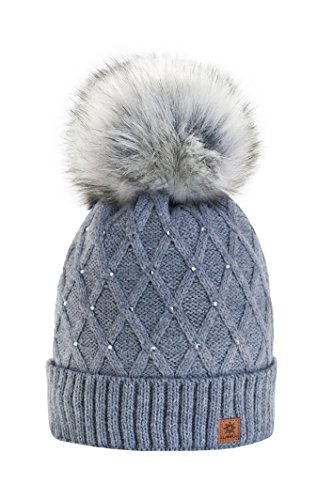 morefaz Wurm Winter Strickmütze Mütze Damen Kristalle Kiesel mit Große Bomme Pompon l SKI (Gray) (MFAZ Ltd) von morefaz