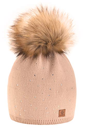 morefaz Wurm Winter Strickmütze Mütze Damen Kristalle Kiesel mit Große Bommel Pompon l SKI (Beige) (MFAZ Ltd) von MFAZ Morefaz Ltd