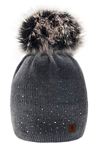 morefaz Wurm Winter Strickmütze Mütze Damen Kristalle Kiesel mit Große Bommel Pompon l SKI (Dark Gray) (MFAZ Ltd) von MFAZ Morefaz Ltd
