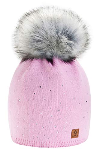 morefaz Wurm Winter Strickmütze Mütze Damen Kristalle Kiesel mit Große Bommel Pompon l SKI (Pink) (MFAZ Ltd) von MFAZ Morefaz Ltd
