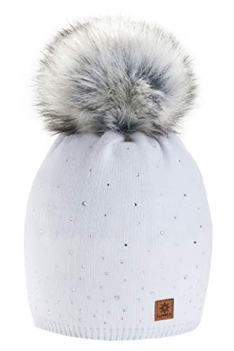 morefaz Wurm Winter Strickmütze Mütze Damen Kristalle Kiesel mit Große Bommel Pompon l SKI (White) (MFAZ Ltd) von morefaz