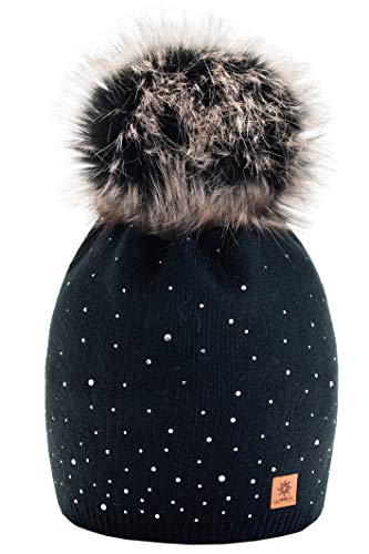 morefaz Wurm Winter Strickmütze Mütze Damen Kristalle Kiesel mit Große Bommel Pompon l SKI (Black) (MFAZ Ltd) von MFAZ Morefaz Ltd