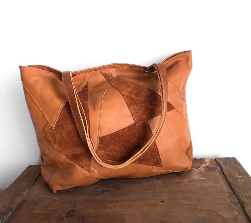 Patchwork Leder Shopper Tote Große Braune Umhängetasche von morelle