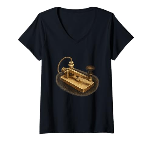 Damen CW Morsetastentelegraph im Vintage-Stil T-Shirt mit V-Ausschnitt Damen CW Morsetastentelegraph im Vintage-Stil T-Shirt mit V-Ausschnitt von morse key cw telegraph vintage radio qrp ham radio
