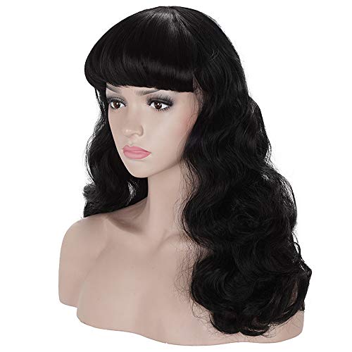 50s Vintage Medium Length Black Wigs with Bangs | Natural Wavy Synthetic Hair Wig for Women Cosplay Halloween von morvally