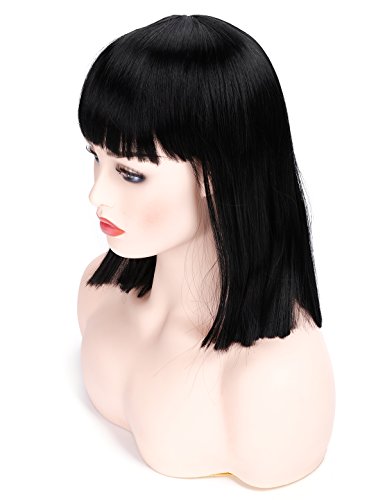 Morvally 35,6 cm kurze gerade Bob Wig Heat Resistant Hair with Flat Bangs Natural Looking Cosplay Costume Daily Wigs (Natural Black) von morvally