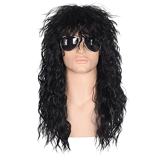 Morvally Herren 80er Jahre Stil Lange Schwarz Locken Haar Perücke Glam Rock-Rocker Perfekt für Halloween Cosplay DIY Motto Party von morvally