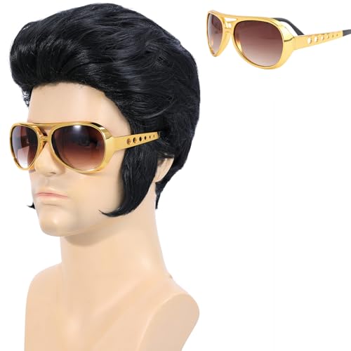 morvally 3-teiliges Set 50er-Jahre-Rocker-Legende-Perücke für Herren, 60er-Jahre-Rock-n-Roll-Sänger-Kostüm, Cosplay, Halloween-Party, inklusive Brille von morvally