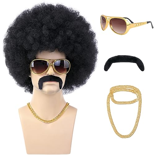 morvally Afro Perücke Schwarz 70er Jahre für Herren mit Kette für Brille und Schnurrbart Lockige Perücke für Disco-Kostüm 70er Jahre Hippie Rocker 80er Jahre Cosplay Perücken Lustige Halloween von morvally