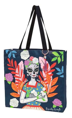 moses. Basically it’s magic XXL Shopper Santa Muerte – Große Stofftasche in Dark Blue mit farbenfrohem Totenkopf-Motiv, Einkaufstasche mit Innenfach und Reißverschluss, aus 100% Baumwolle von moses