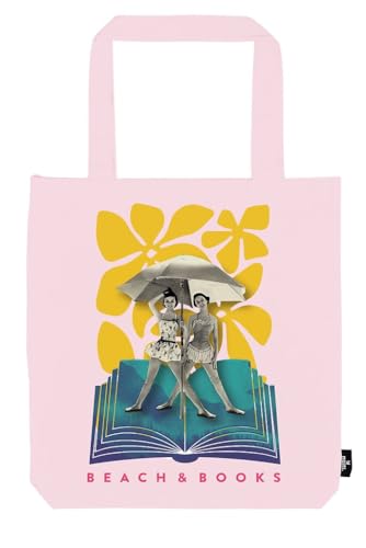 moses. libri_x Shopper Beach and Books, sommerliche Tragetasche in Rosé aus 100% Baumwolle, große Stofftasche mit Retro-Illustrationen, wiederverwendbare Einkaufstasche mit langen Henkeln von moses