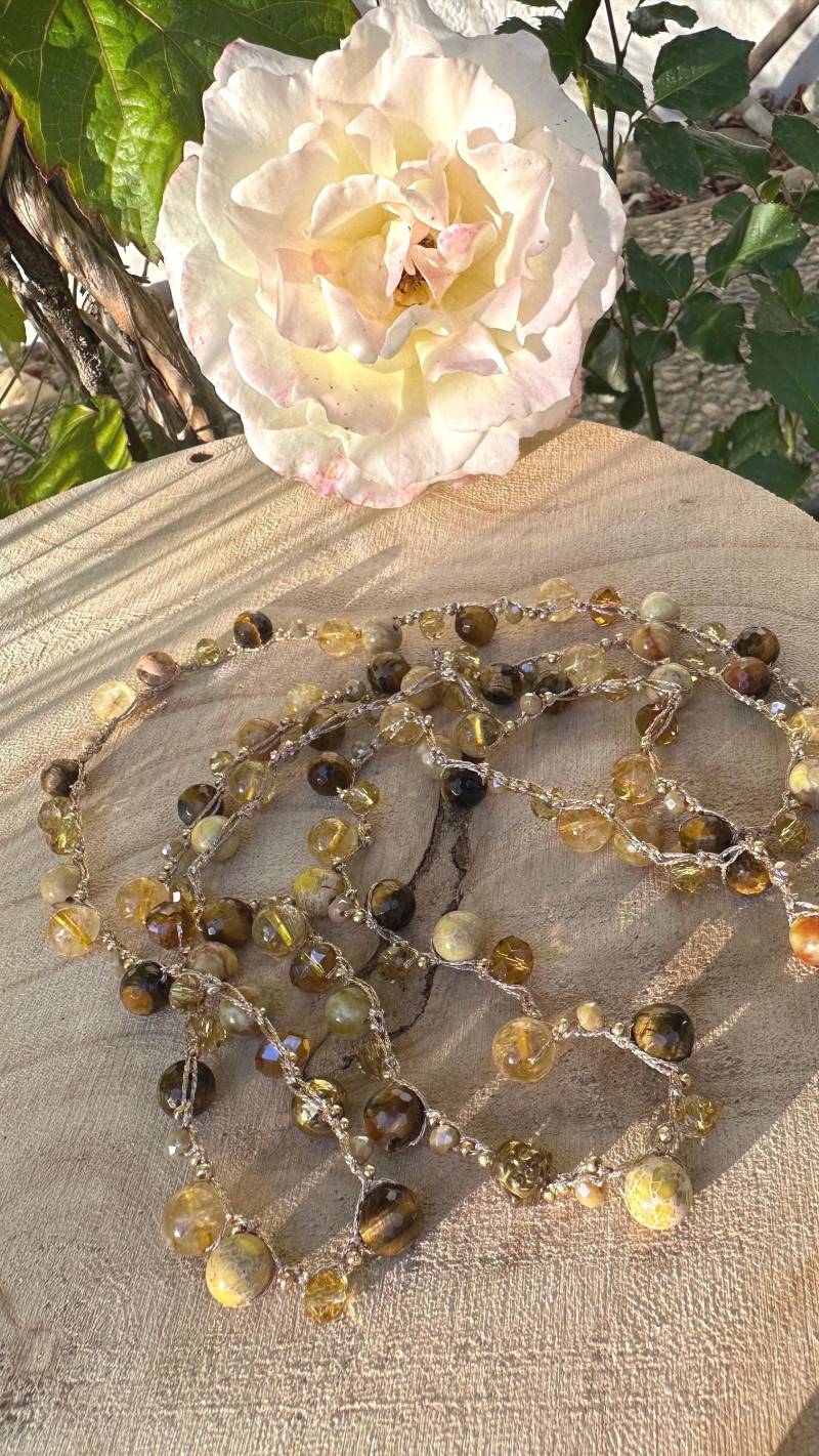 Edelstein-Kette Tigerauge Jaspis Citrin - Gehäkelt Perlenkette Glaskristalle Handgemachter Schmuck Edelstein-Kette Tigerauge Jaspis Citrin - Gehäkelt Perlenkette Glaskristalle Handgemachter Schmuck von moshandworkdesign