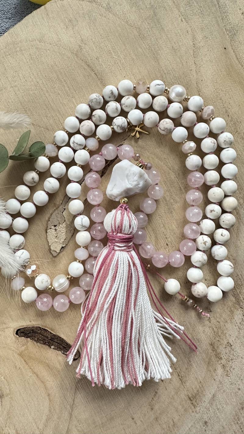 Mala- Kette -Perlenkette-Meditationskette-Edelsteinkette-Mala-Kette Jaspis Rosenquarz - Opal Nugget Anhänger Goldene Miyuki & Glaskristal von moshandworkdesign
