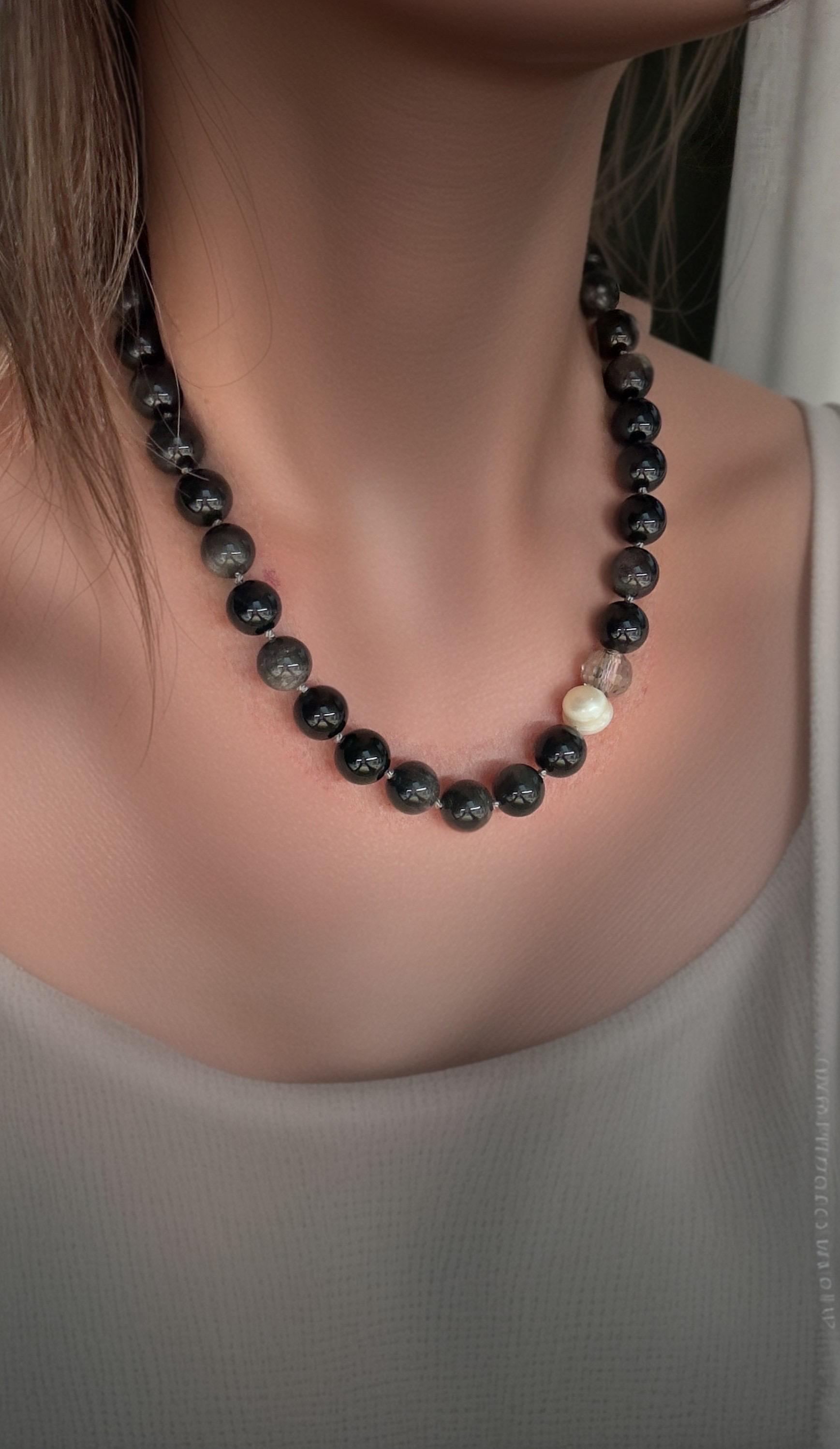 Obsidian Kette - Handgeknotet Mit 18K Vergoldetem Edelstahl Süßwasserperle & Glasfacette Edelstein Halskette 45cm Geschenk Für Sie von moshandworkdesign