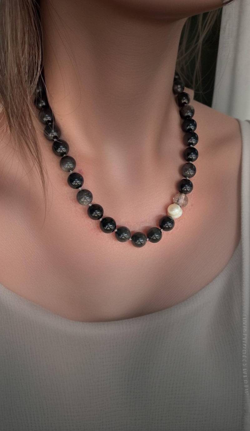 Obsidian Kette - Handgeknotet Mit 18K Vergoldetem Edelstahl Süßwasserperle & Glasfacette Edelstein Halskette 45cm Geschenk Für Sie von moshandworkdesign