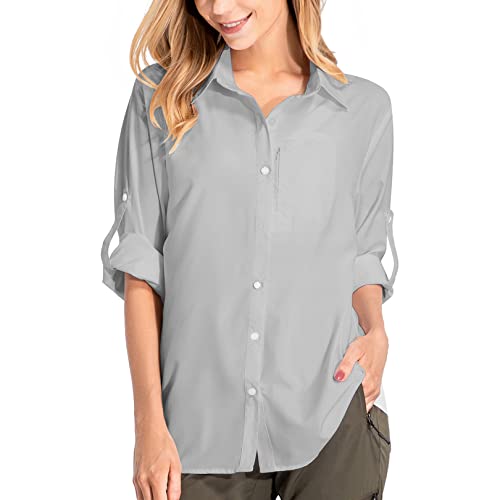 Damen Sonnenschutz Wandershirts Langarm Leicht Schnell Trocknen Safari Kleidung für Reisen Angeln Cargo Shirt, 5019# Grau, M von mosingle