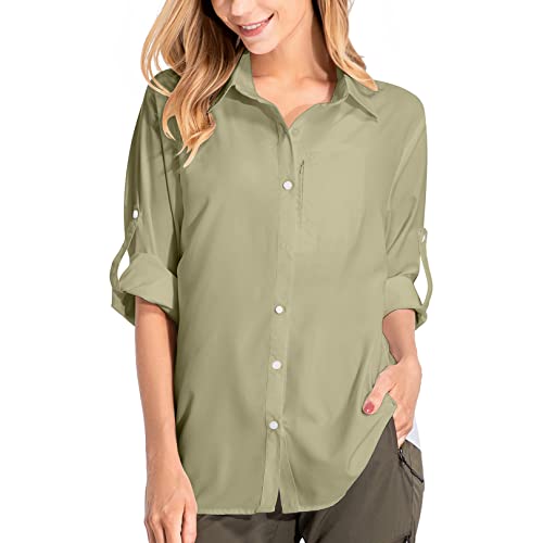 Damen Sonnenschutz Wandershirts Langarm Leicht Schnell Trocknen Safari Kleidung für Reisen Angeln Cargo Shirt, 5019# Khaki, X-Large von mosingle