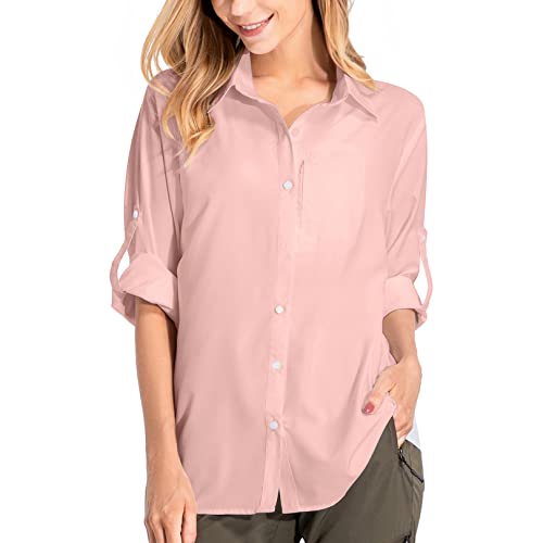 Damen Sonnenschutz Wandershirts Langarm Leicht Schnell Trocknen Safari Kleidung für Reisen Angeln Cargo Shirt, 5019# Pink, Large von mosingle