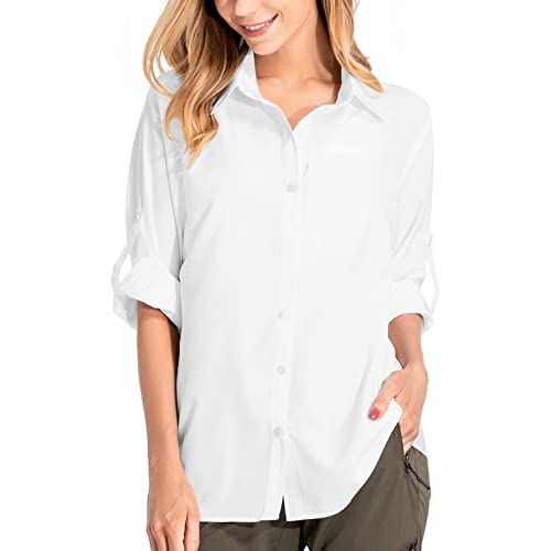 Damen Sonnenschutz Wandershirts Langarm Leicht Schnell Trocknen Safari Kleidung für Reisen Angeln Cargo Shirt, 5019# Weiß, M von mosingle