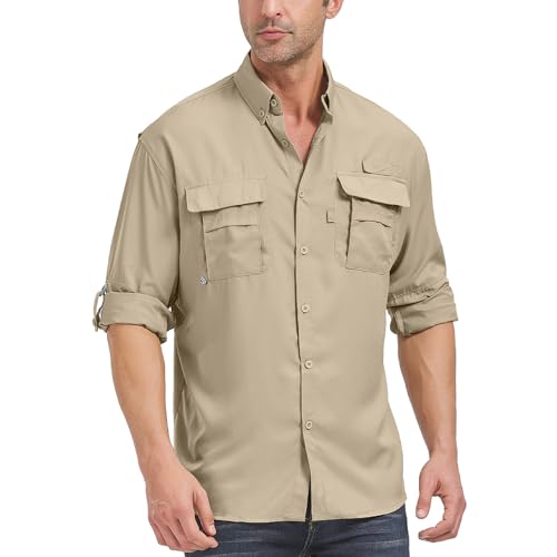 mosingle Herren-Safari-Shirts, langärmelig, UV-Schutz, Wandern, Angeln, leicht, schnell trocknend, Camping, Reisen, khaki, XXL von mosingle