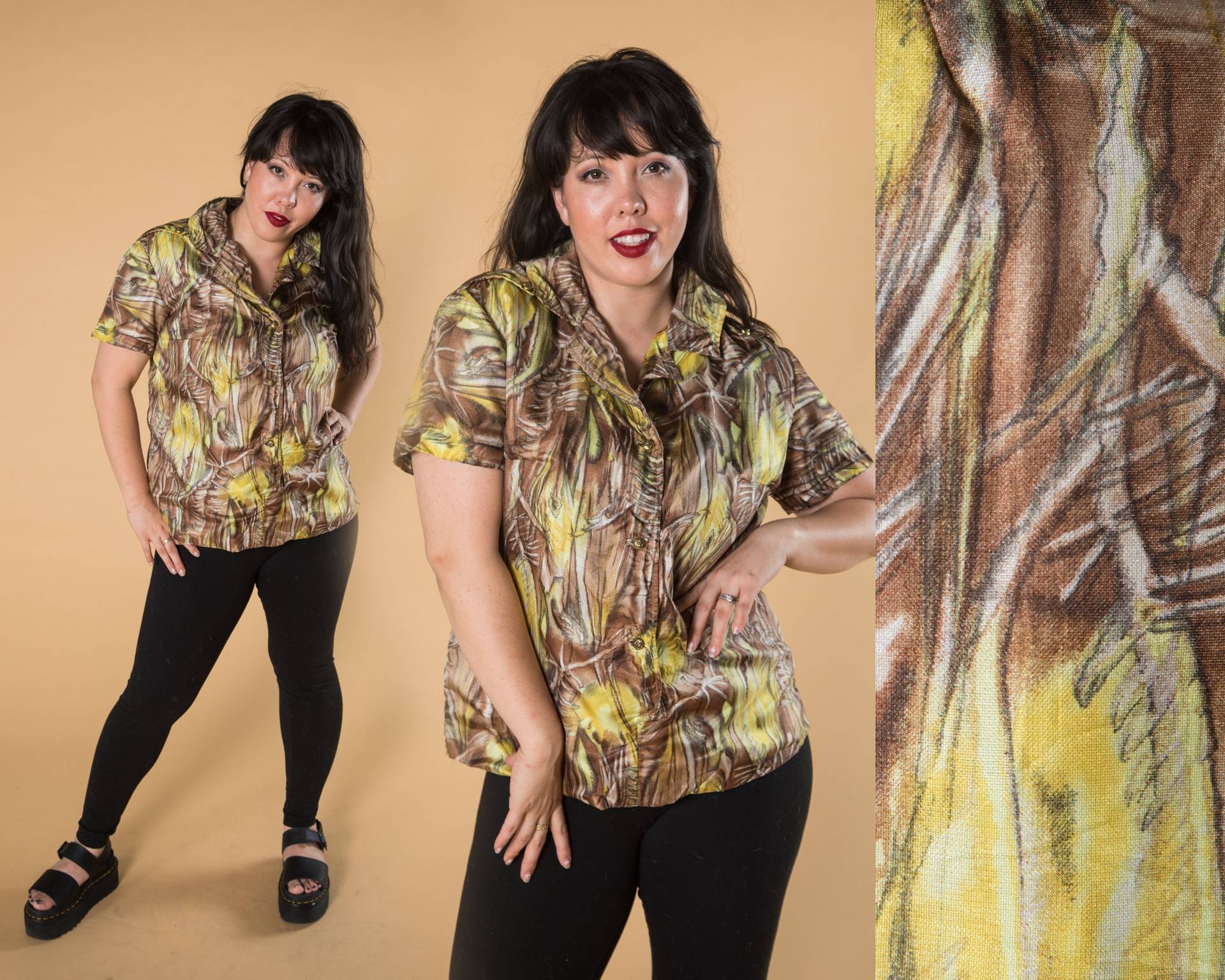Fun 1960Er - 1970Er Gelb Und Braun Camouflage Like Print Handmade Button Up Top 2x, 3x Fun 1960Er - 1970Er Gelb Und Braun Camouflage Like Print Handmade Button Up Top 2x, 3x von movementmattersco
