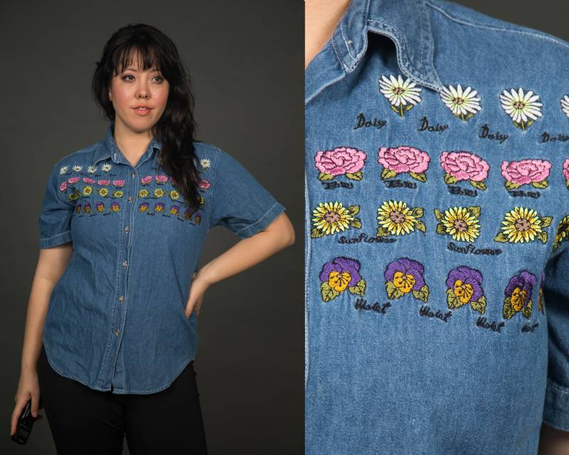 Fun 1990S Denim Button Up Top Mit Floral Bestickt Von Quizz - Medium, Large von movementmattersco
