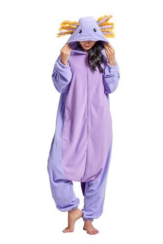 mrkrer Tier-Einteiler für Damen, Erwachsene, Halloween, Pyjama, Cosplay-Kostüm, mit Kapuze, Lila Axolotl, L von mrkrer