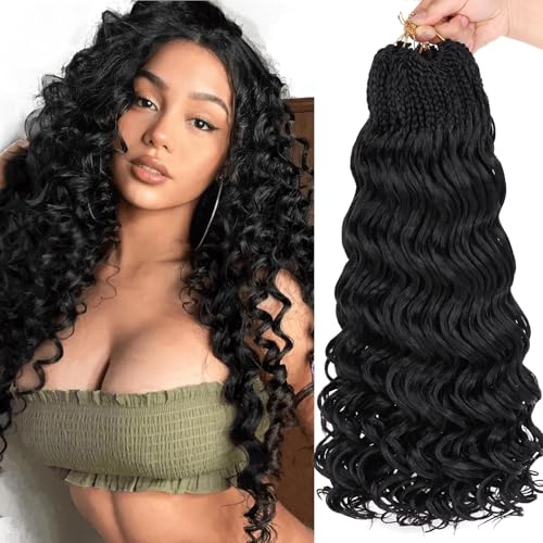Mscat 18 Zoll Pre Looped Ocean Wave Crochet Hair 8 Packs Black Boho Ocean Braids Pre Twisted Synthetic Deep Wavy Crochet Hair for Women 1B# von mscat