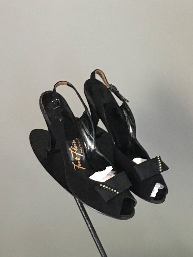 Vintage 40S Wildleder Strasssteine Slingback Peep Toe Heels - Foot Flairs Size 7 von mstopcatstyle
