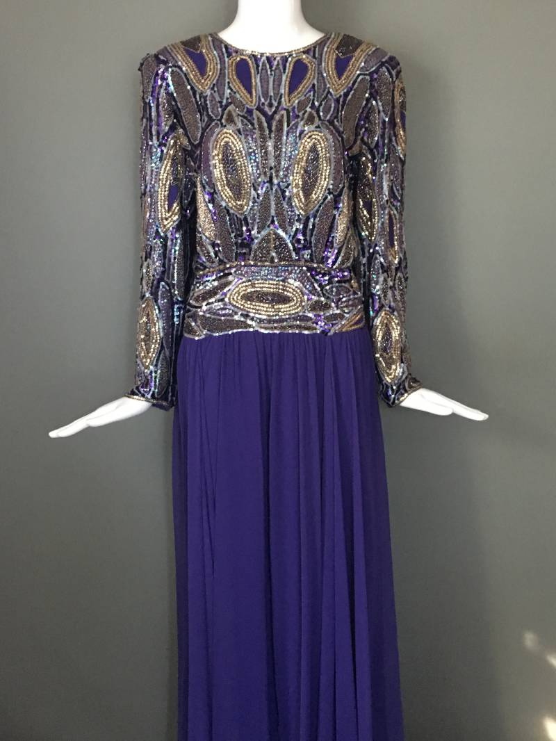 Vintage 80Er Jahre Pailletten Abendkleid Jack Bryan Poly Chiffon Kleid von mstopcatstyle