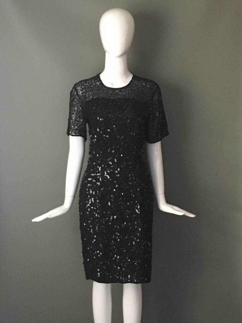 Vintage 80Er Jahre Pailletten Cocktailkleid Schwarzes Seidenkleid von mstopcatstyle