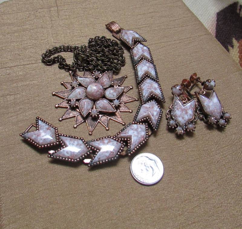 Vintage Selro Stil Kupfer Konfetti Lucite Chunky Anhänger Halskette, Armband Und Ohrringe Set Retro Boho Parure Free Shipping Usa von msvintagetreasures