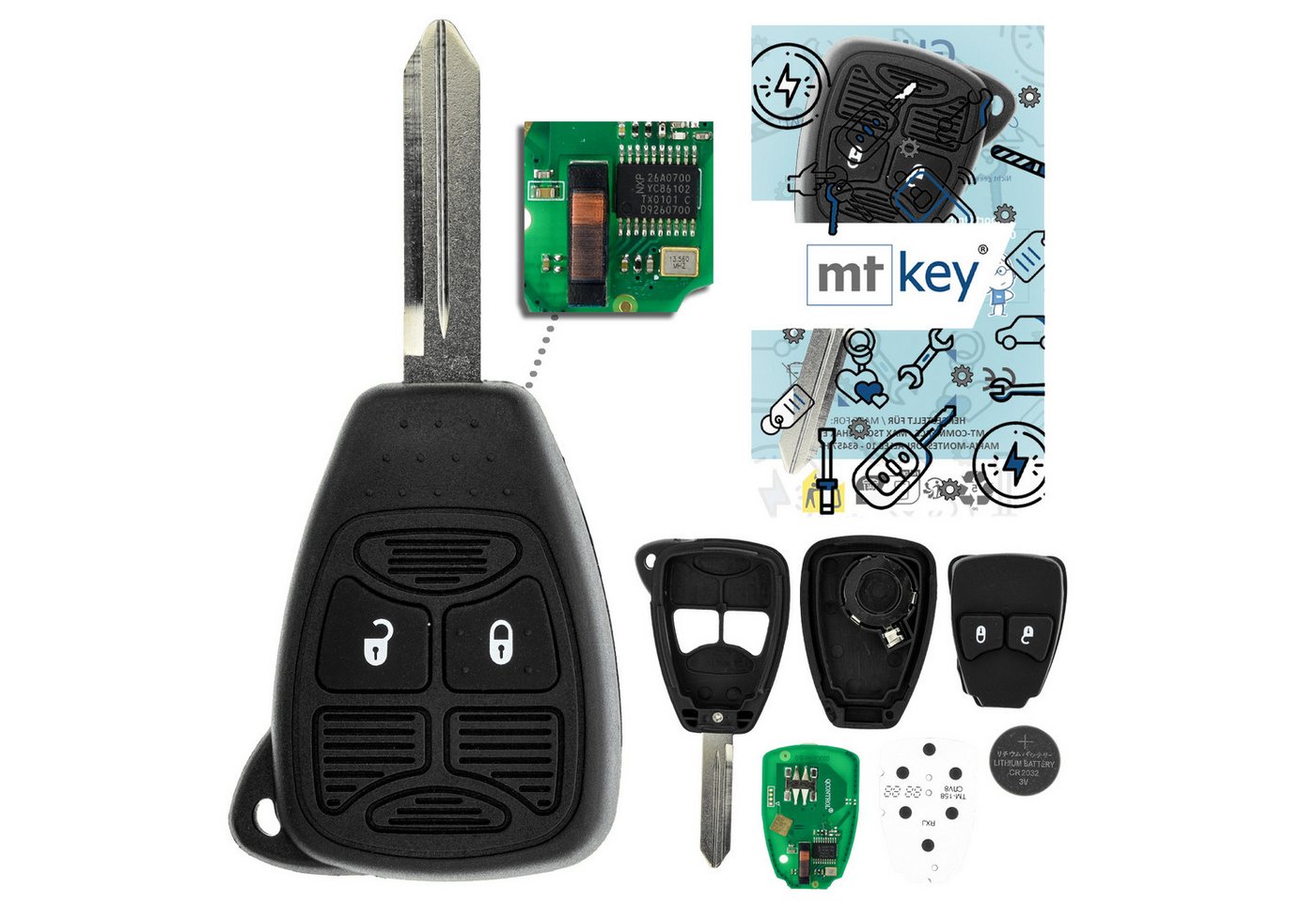mt-key Schlüsseltasche 2 Tasten Auto Fernbedienung Funk Schlüssel 434MHZ (Set), für Chrysler 200 (11–14), 300 (05–08), 300C (05–07), Pacifica (07–... von mt-key