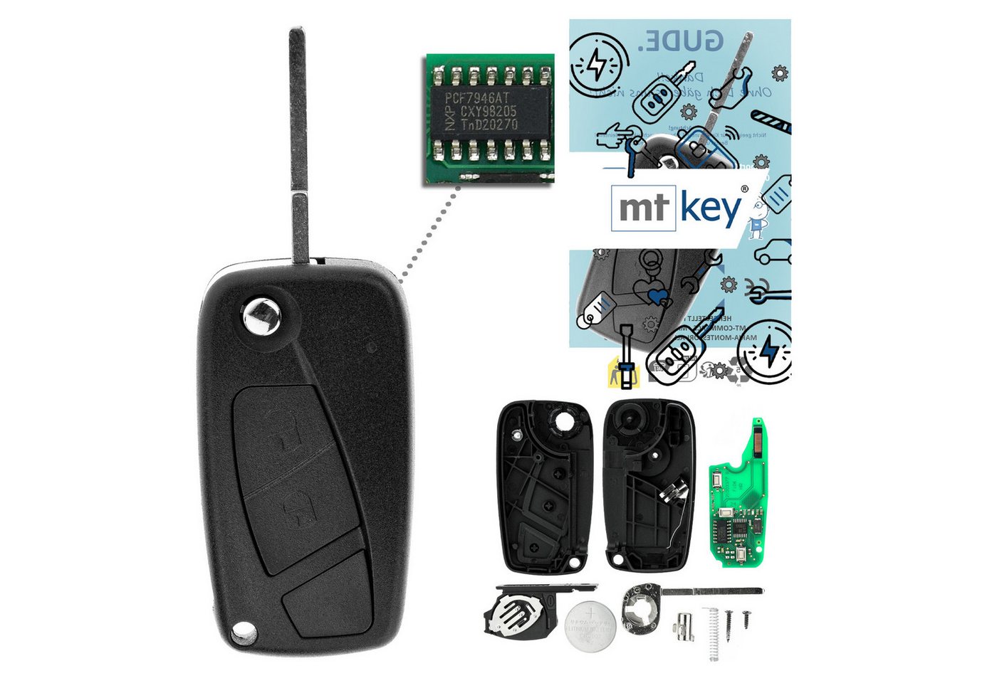 mt-key Schlüsseltasche 2 Tasten Auto Fernbedienung Funk Schlüssel 434MHZ (Set), für Citroen Nemo (07–15), Opel Combo D (IV, 12–18), Peugeot Bippe... von mt-key