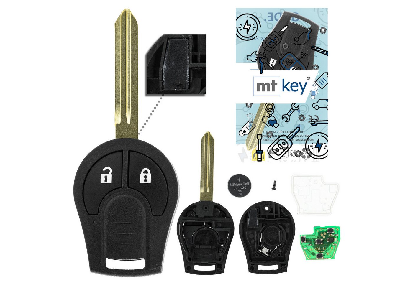 mt-key Schlüsseltasche 2 Tasten Auto Fernbedienung Funk Schlüssel 434MHZ (Set), für Nissan Micra (K13, 07.10–06.13), Navara (D23M, 11.15–07.16) von mt-key