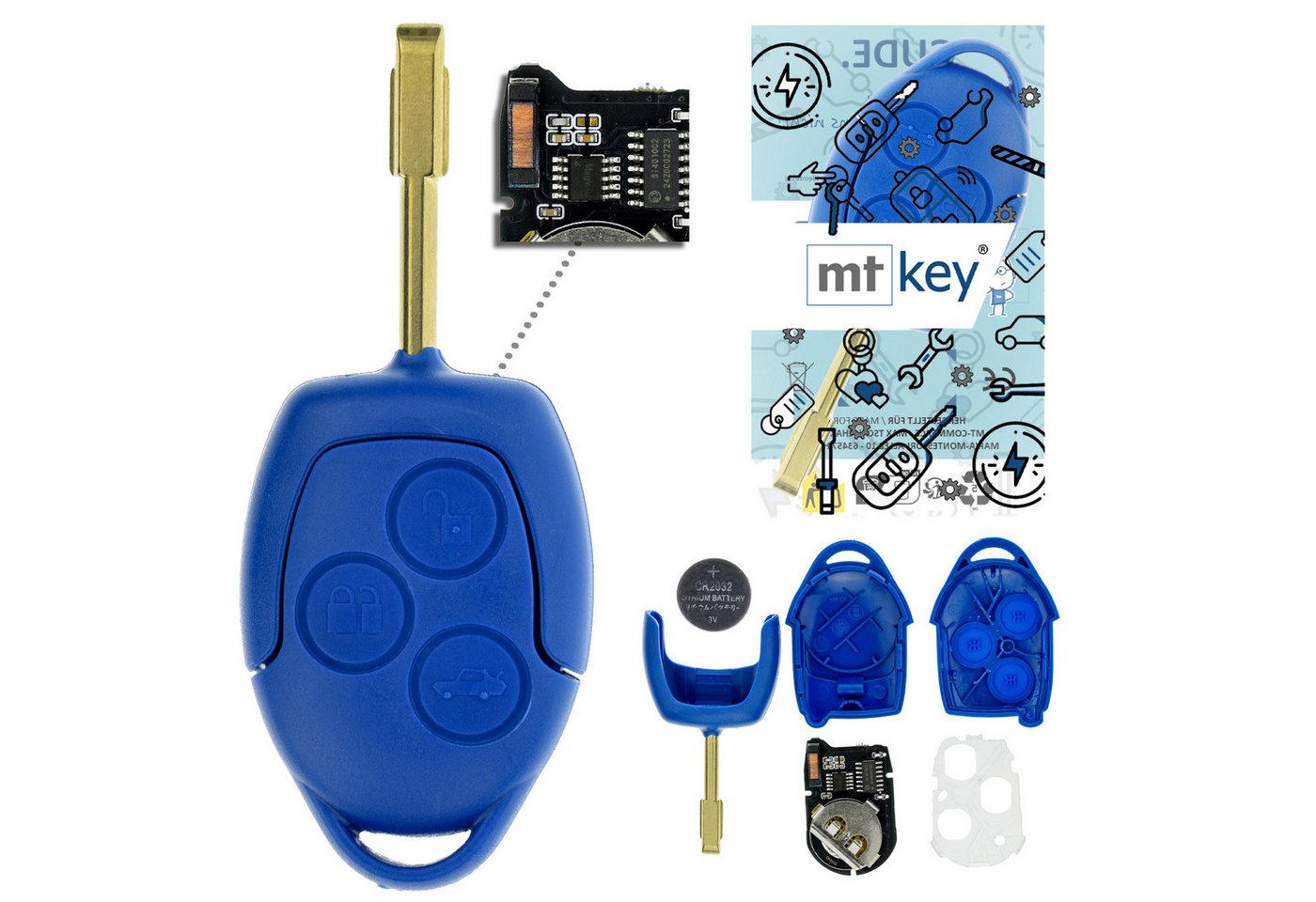 mt-key Schlüsseltasche 3 Tasten Auto Funk Schlüssel Fernbedienung 434MHZ (Set), für Ford Transit (TT9, 04.06–12.14) von mt-key