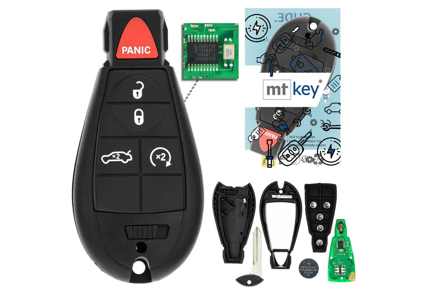 mt-key Schlüsseltasche 4+1 Tasten Auto Funk Schlüssel 434MHZ (Set), für Chrysler Town & Country (08–13), Voyager (GK/GY/RG, 04–12.07),... von mt-key