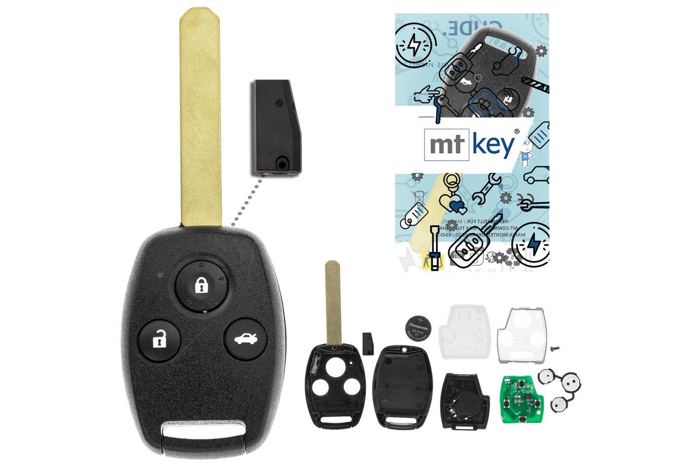 mt-key Schlüsseltasche Auto Funk 3 Tasten Schlüssel Fernbedienung ID46 HON66 (Set), für Honda Accord (VIII, 08–11) von mt-key