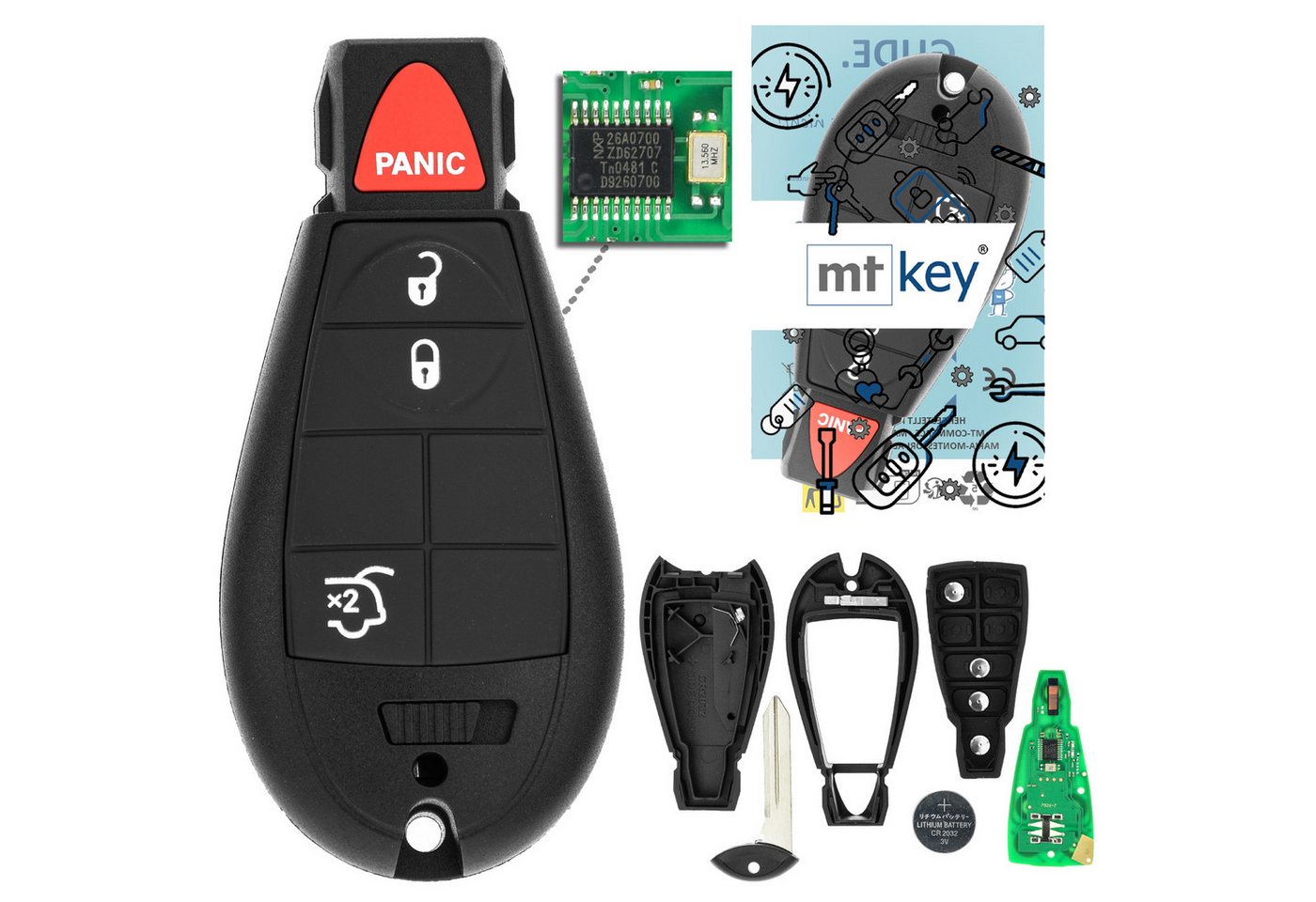 mt-key Schlüsseltasche Auto Funk Schlüssel Fernbedienung 434MHZ (Set), für Chrysler Town & Country (08–13), Voyager (GK/GY/RG, 04–12.07),... von mt-key