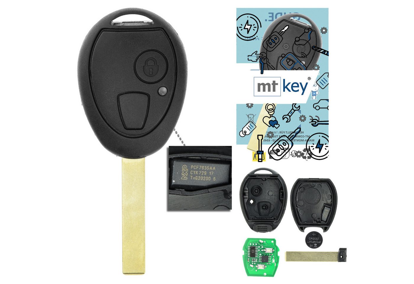 mt-key Schlüsseltasche Auto Funk Schlüssel Fernbedienung 434MHZ (Set), für MG ZT (01–05), Mini Cooper (R50, 01–04), Cooper S (R53, 01–04)... von mt-key