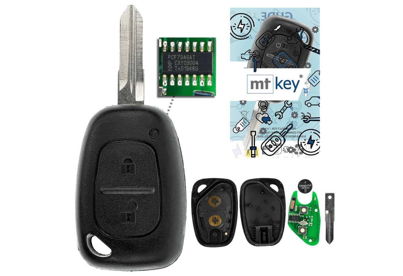 mt-key Schlüsseltasche Auto Funk Schlüssel Fernbedienung 434MHZ VAC102 (Set), für Nissan Interstar (X70 I, 03–10), Kubistar (X76 I, 03–10), Opel... von mt-key
