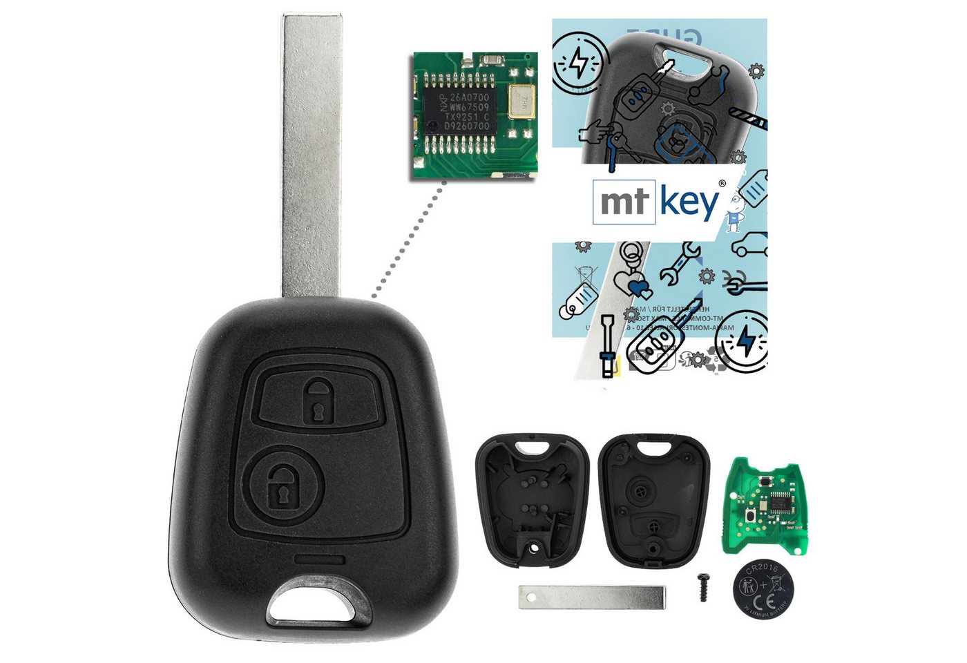 mt-key Schlüsseltasche Auto Funk Schlüssel Fernbedienung HU83 434MHZ PCF7961 ASK (Set), für Citroën Berlingo (B9 II, 08–16), C4 Grand Picasso (I, 06–13), ... von mt-key