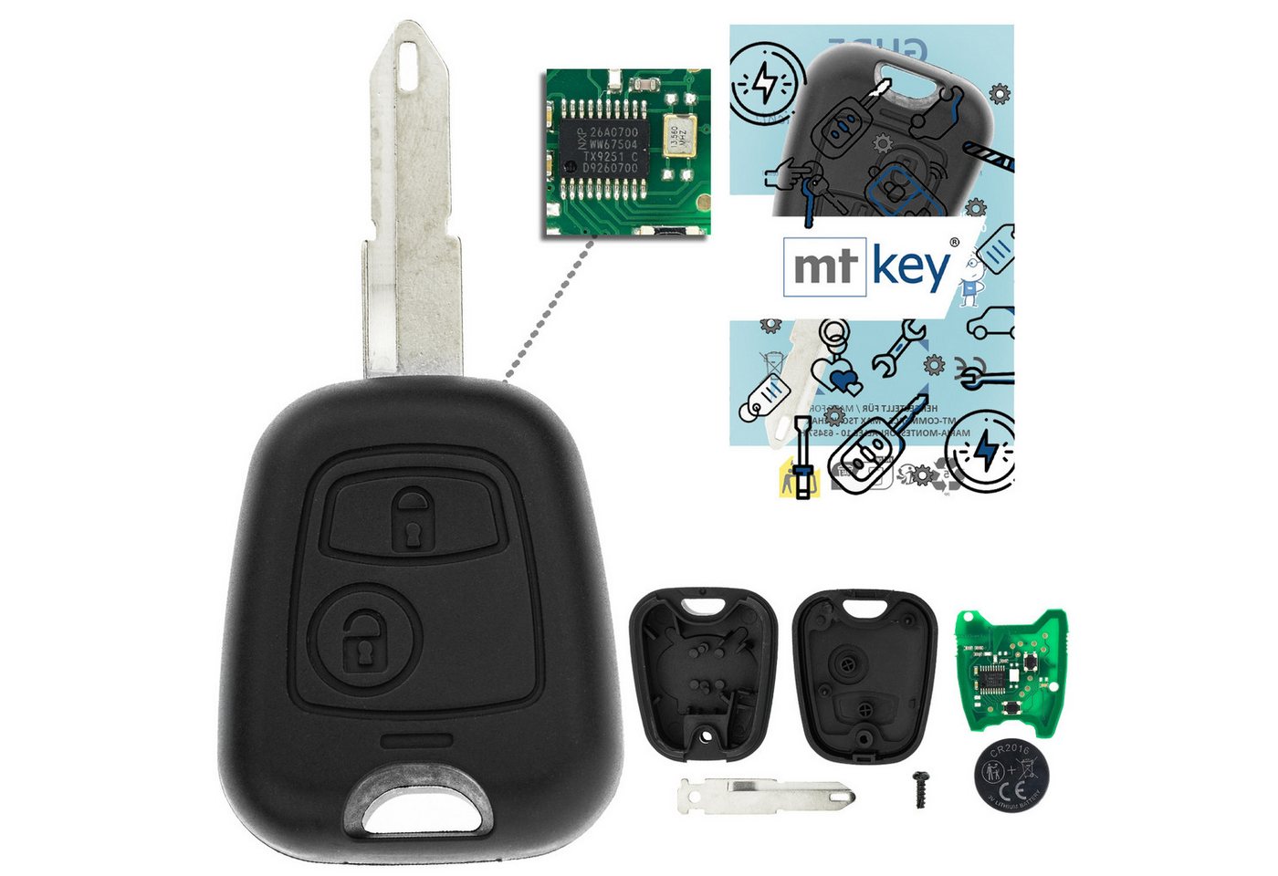mt-key Schlüsseltasche Auto Funk Schlüssel Fernbedienung NE72 NE73 434MHZ PCF7961 (Set), für Peugeot 206 CC (98–09), 206 GT (98–09), 206 RC (98–09), 206 SW... von mt-key