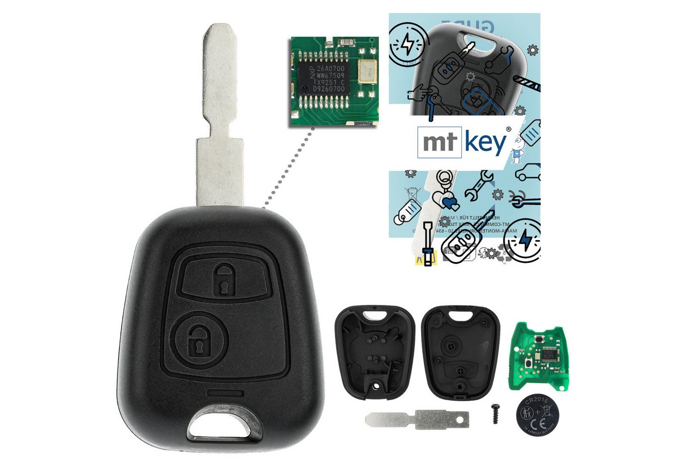 mt-key Schlüsseltasche Auto Funk Schlüssel Fernbedienung NE78 434MHZ PCF7961 ASK (Set), für Peugeot 406 (8E/8F/8C/8B, 01–06) von mt-key