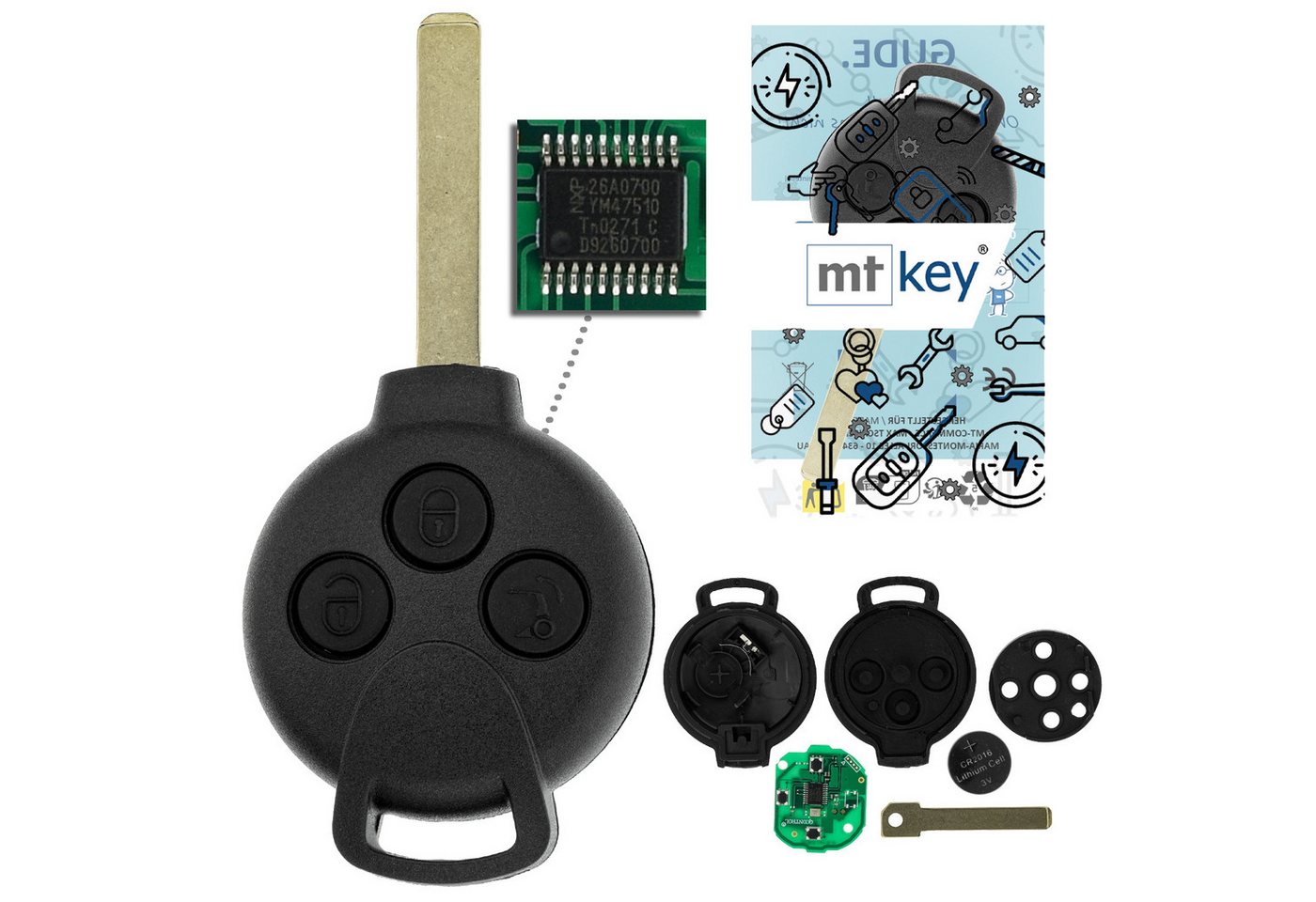 mt-key Schlüsseltasche Auto Funk Schlüssel Fernbedienung Sender 434MHZ (Set), für Smart Fortwo (451, 07–15) von mt-key