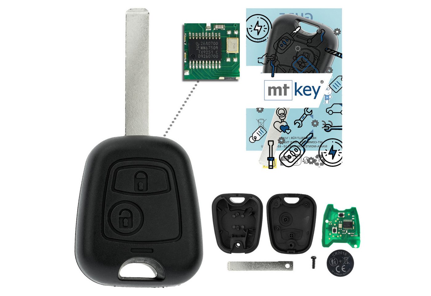 mt-key Schlüsseltasche Auto Funk Schlüssel Fernbedienung VA2 VA6 434MHZ PCF7961 ASK (Set), für Peugeot Partner (II, 08–17) von mt-key